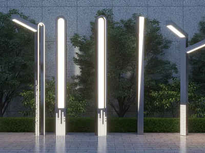 Sleek Modern Outdoor Lights With Vertical Design Illuminated Garden Pathway Landscape 3d model