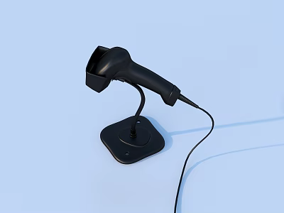 Daily Use Black Wired Barcode Scanner With Stand On Light Blue Background 3d model