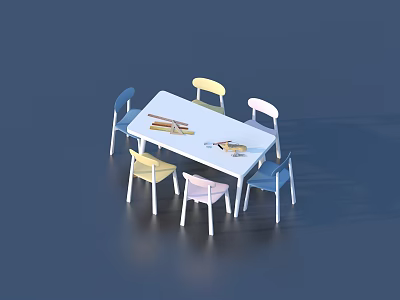 Stylish Leisure Chairs In Various Colors Blue Yellow Pink Around White Table 3d model