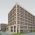 Modern Multistory Building With Central Tower Side Wings Glass Windows Front Plaza Lawn And Parking