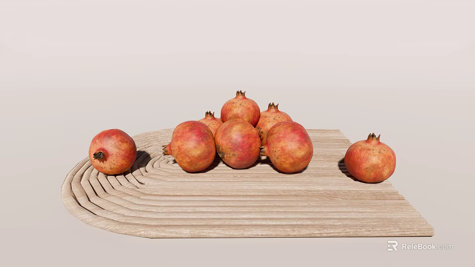 Fresh Ripe Pomegranates Placed on a Wooden Tray for 3d model 