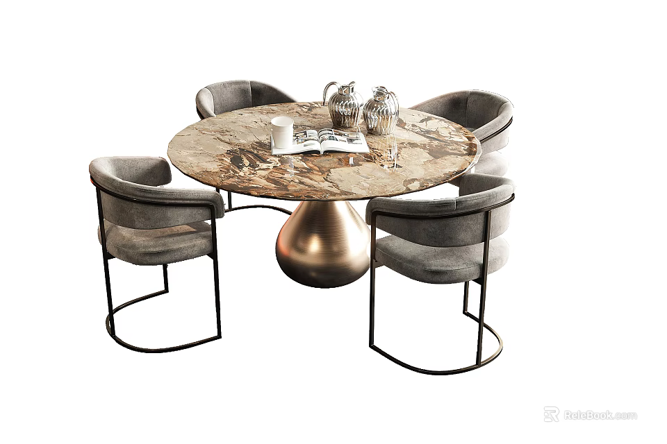 Modern Round Dining Table Set With Marble Top Gold Base And Gray Upholstered Chairs 3d model 