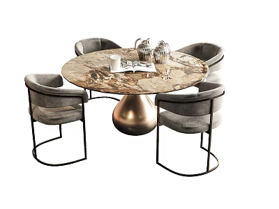 Modern Round Dining Table Set With Marble Top Gold Base And Gray Upholstered Chairs 3d model