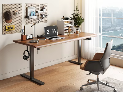 Modern Wooden Desk With Metal Frame Pegboard Laptop Desk Lamp And Office Chair By Window 3d model