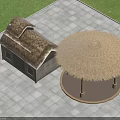 Thatched Roof Gazebo With Wooden Columns Adjacent Stone Cottage On Grassland Under Blue Sky
