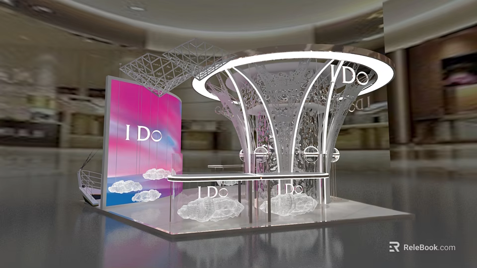 I Do Exhibition Booth Featuring Modern Curved Structure Cloud Decorations Pink Background And Elegant Lighting 3d model