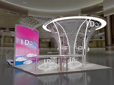 I Do Exhibition Booth Featuring Modern Curved Structure Cloud Decorations Pink Background And Elegant Lighting 3d model