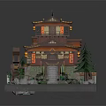 Whimsical Cartoon Scene With Chinese Style Tower Orange Roof Lanterns Watermill Pine Trees Small Pond