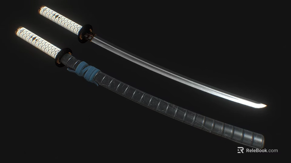 Two Japanese Katanas With Unsheathed Sharp Blade White Cord Wrapped Hilt And Sheathed Black Textured Scabbard 3d model 