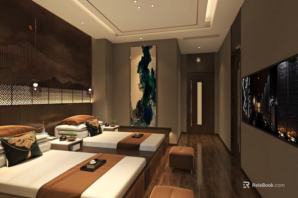 Elegant SPA Sauna Room With Modern Wooden Decor Massage Beds And Decorative Painting 3d model 