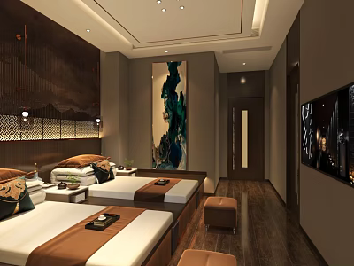 Elegant SPA Sauna Room With Modern Wooden Decor Massage Beds And Decorative Painting 3d model