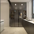 Modern Kitchen Interior With Gray Cabinets Large Window City View And Countertop Fruits Plant