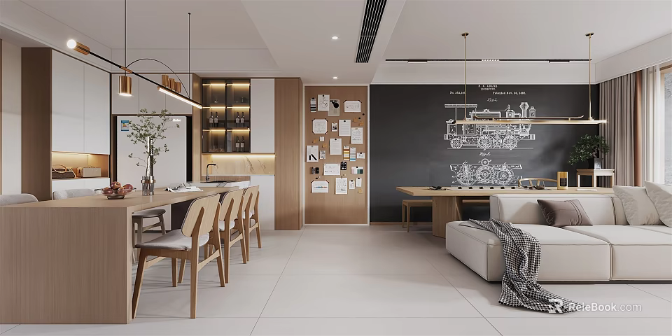 Modern Living and Dining Room Interior With Dining Table Sofa Lighting and Open Layout 3d model