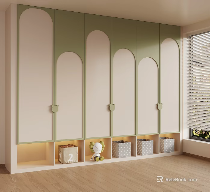 Green Beige Wardrobe With Arched Doors Bottom Storage Built In Lighting Baskets And Stuffed Toy 3d model 