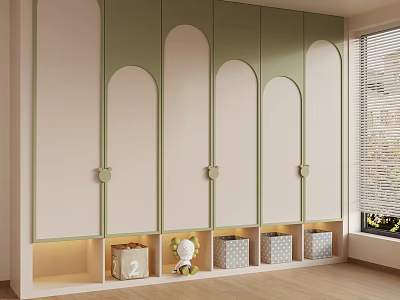 Green Beige Wardrobe With Arched Doors Bottom Storage Built In Lighting Baskets And Stuffed Toy 3d model