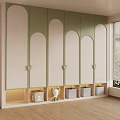Green Beige Wardrobe With Arched Doors Bottom Storage Built In Lighting Baskets And Stuffed Toy