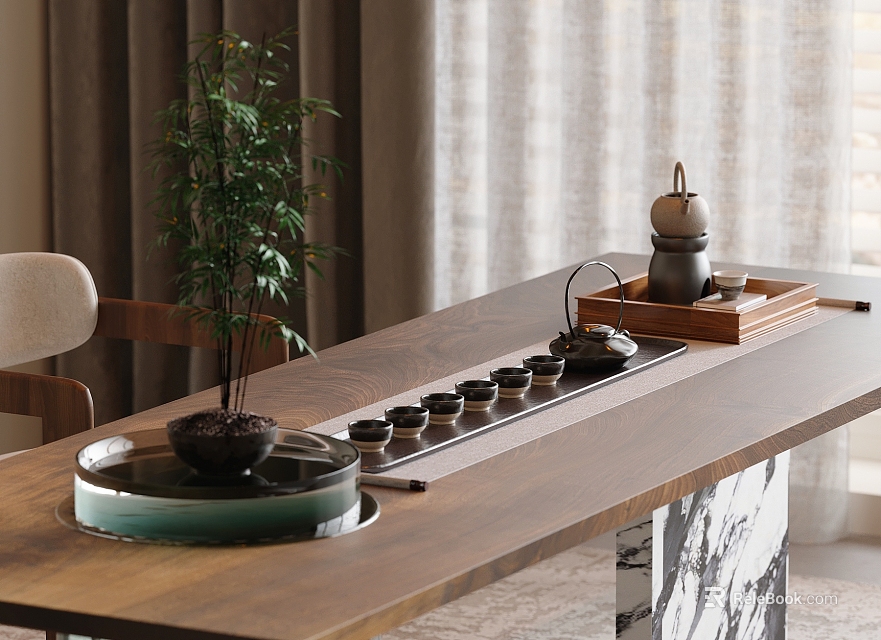 Elegant Tea Set Display On Wooden Tea Table With Tea Tray Teapot Teacups And Green Plant 3d model 