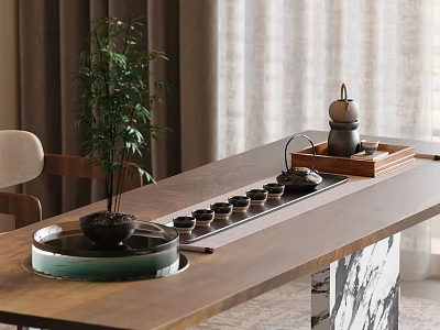 Elegant Tea Set Display On Wooden Tea Table With Tea Tray Teapot Teacups And Green Plant 3d model