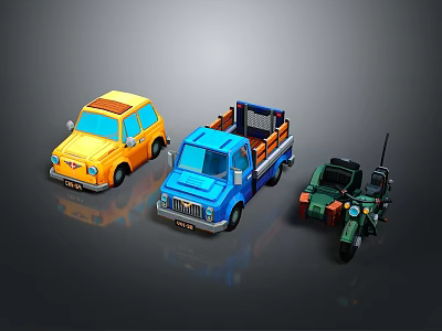 Colorful Miniature Toy Cars Including Yellow Sedan Blue Truck And Green Tricycle 3d model