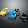Colorful Miniature Toy Cars Including Yellow Sedan Blue Truck And Green Tricycle