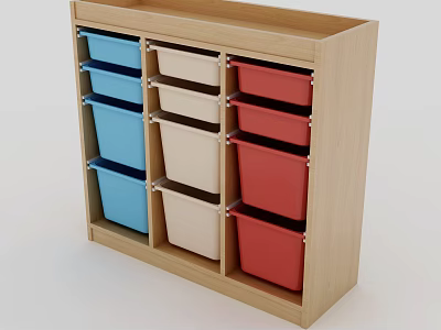 Entryway Console Cabinet with Wooden Frame and Multicolored Storage Bins for Practical Home Organization 3d model