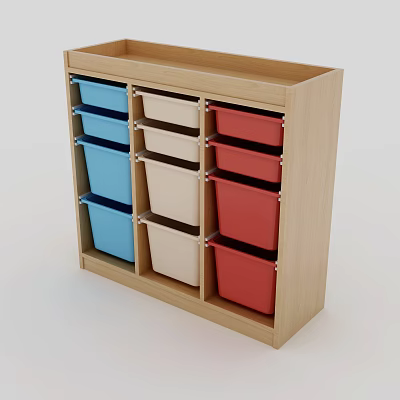 Entryway Console Cabinet with Wooden Frame and Multicolored Storage Bins for Practical Home Organization 3d model