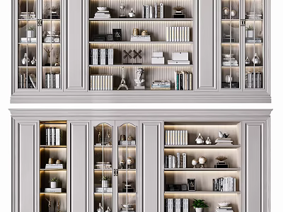 Modern Wooden Bookcase With Glass Doors Multiple Shelves And Decorative Items 3d model