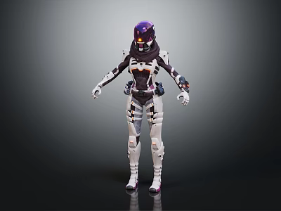 Smart Robot With Purple Head White Mechanical Body And Black Armor Tech Design 3d model