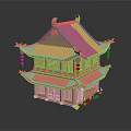 Cartoon Scene of Traditional Chinese Two Story Wooden Architecture With Curved Eaves And Lanterns