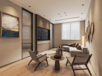Modern Hotel Guest Room Interior With Comfortable Sofa TV Decorative Painting And Chairs 3d model