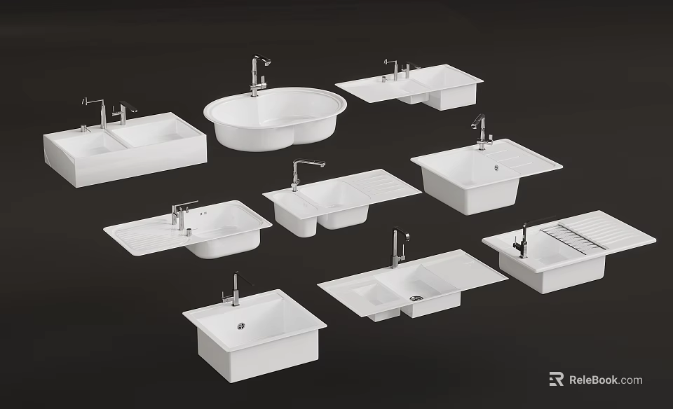 Multiple White Bathroom Sinks With Various Modern Designs And Different Shapes 3d model