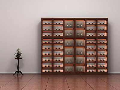 Wooden Multi tiered Wine Cabinet with Wine Bottles Lighting and Small Table Plant in Interior 3d model