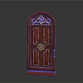 Dark Red Wooden Door With Arched Top Golden Ornate Patterns And Handle