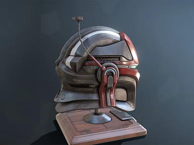 Mechanical Sci Fi Helmet Display With Wooden Base And Metallic Details 3d model