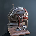 Mechanical Sci Fi Helmet Display With Wooden Base And Metallic Details