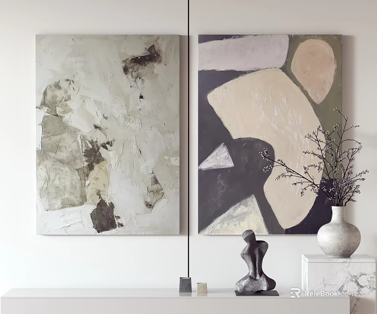 Wall Decor Featuring Abstract Paintings Sculpture And Decorative Vase 3d model