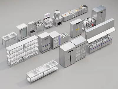 Commercial Kitchen Stainless Steel Equipment With Refrigerators Worktables Shelves And Islands 3d model