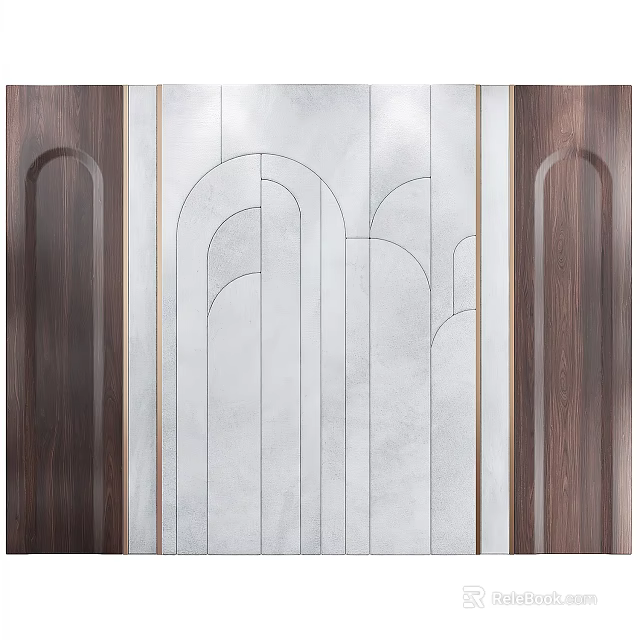 Modern Bed Background Wall Design With Wooden Panels And Geometric Accent Lines 3d model 