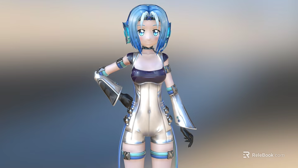 Game Movie Character With Blue Hair Blue Eyes Elf Ears White Purple Outfit Silver Armor 3d model 