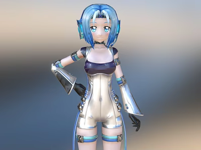 Game Movie Character With Blue Hair Blue Eyes Elf Ears White Purple Outfit Silver Armor 3d model