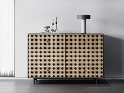 Modern Entryway Side Cabinet With Grid Pattern Design And Decorative Lamp Candlesticks On Top 3d model