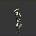 3D Game and Movie Character With Green Hair Black Dress Holding Knife And Blue Object