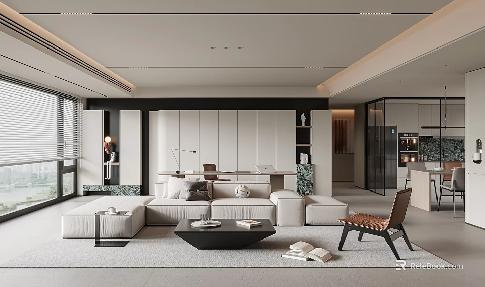 Modern Minimalist Living and Dining Room Interior With Large Sofa Coffee Table and Accent Chair 3d model 