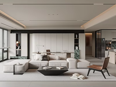Modern Minimalist Living and Dining Room Interior With Large Sofa Coffee Table and Accent Chair 3d model