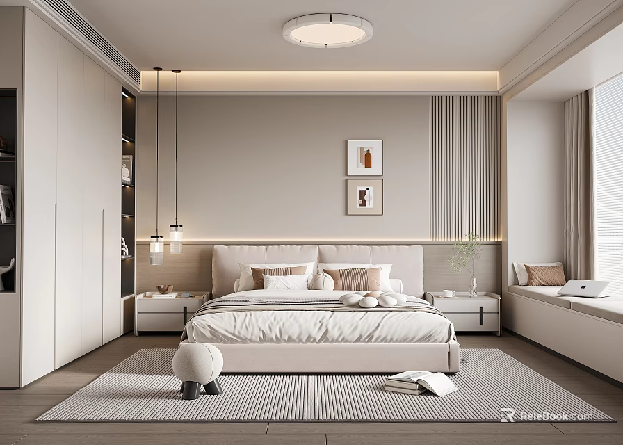 Modern Minimalist Bedroom With Beige Bed Upholstered Headboard Decorative Paintings Ceiling Light And Window Seat 3d model 