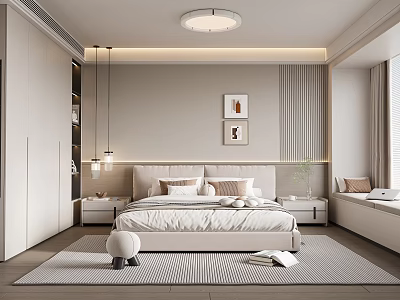 Modern Minimalist Bedroom With Beige Bed Upholstered Headboard Decorative Paintings Ceiling Light And Window Seat 3d model