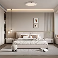 Modern Minimalist Bedroom With Beige Bed Upholstered Headboard Decorative Paintings Ceiling Light And Window Seat