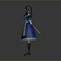 Fictional Character In Blue White Dress With Bow Blue Sleeves Arms Outstretched Gray Background