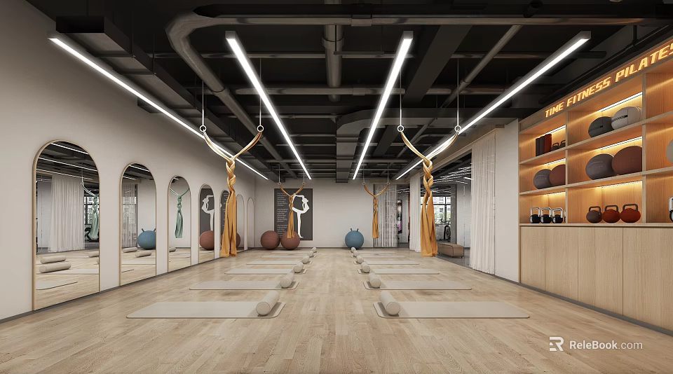 Spacious Yoga Studio with Yoga Mats Mirrors Yoga Balls and Hanging Equipment on Wooden Floor 3d model 
