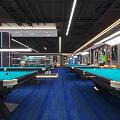Spacious Well Lit Billiard Room Interior With Multiple Pool Tables Blue Carpet And Ceiling Lights